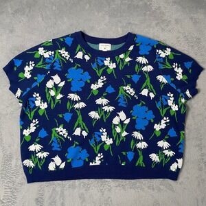 Kate Spade Sweater Top Womens 3X Navy Blue Floral Short Sleeve Cottagecore